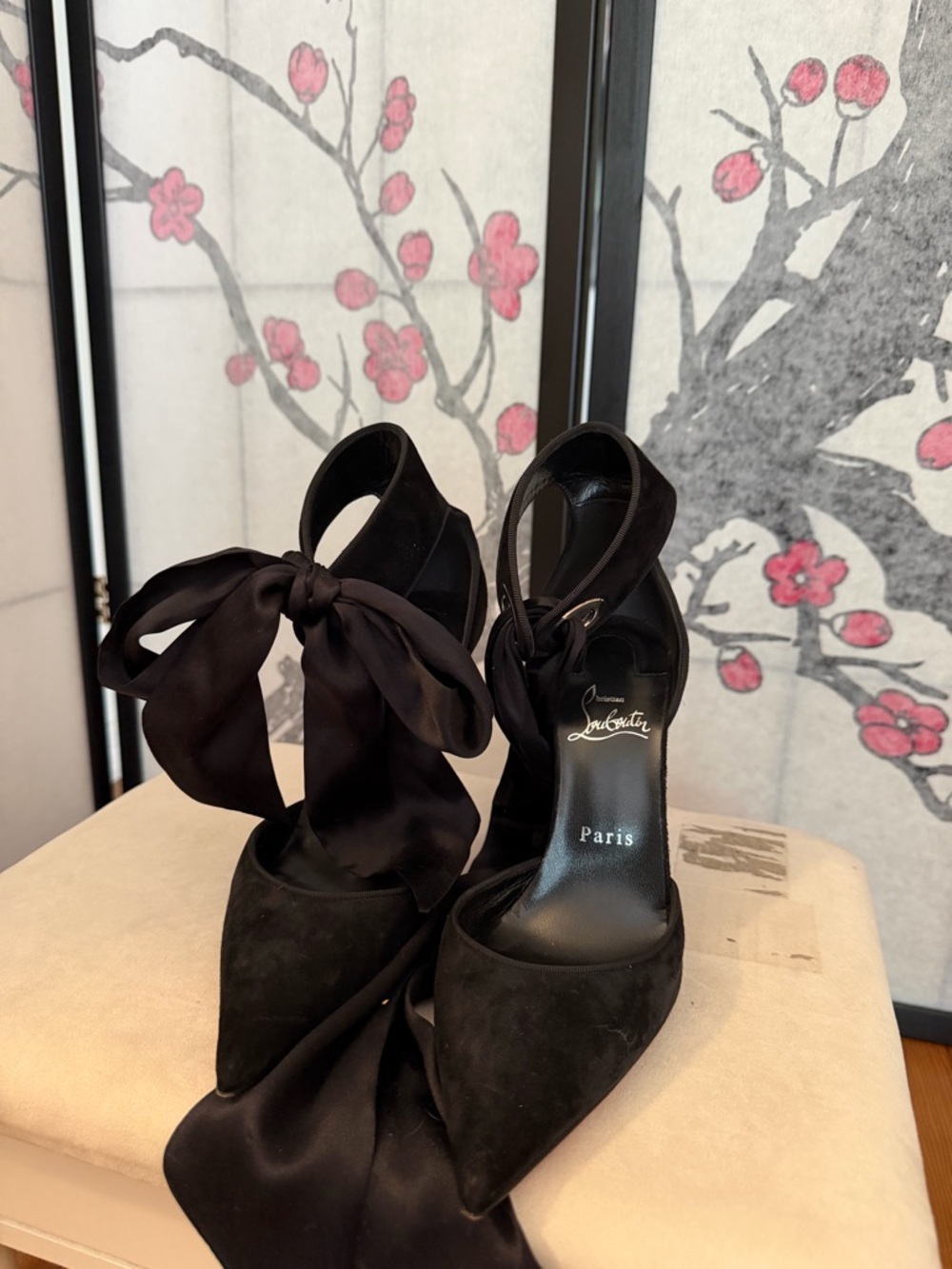 Christian Louboutin Black Suede Pointed Toe Ribbon Tie Pumps